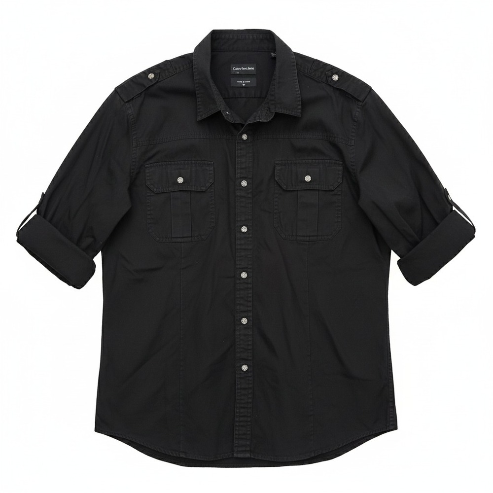 Calvin Klein Mens Shirt Button Up XL Long Roll Tab Sleeves Epaulet Shoulders